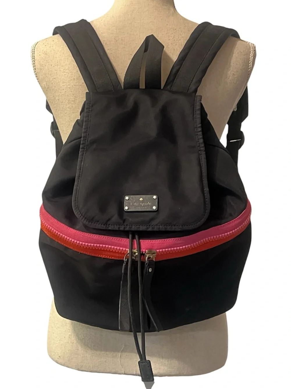 Kate Spade Clark Court Matty Backpack Nylon Black Pink Red Stripe